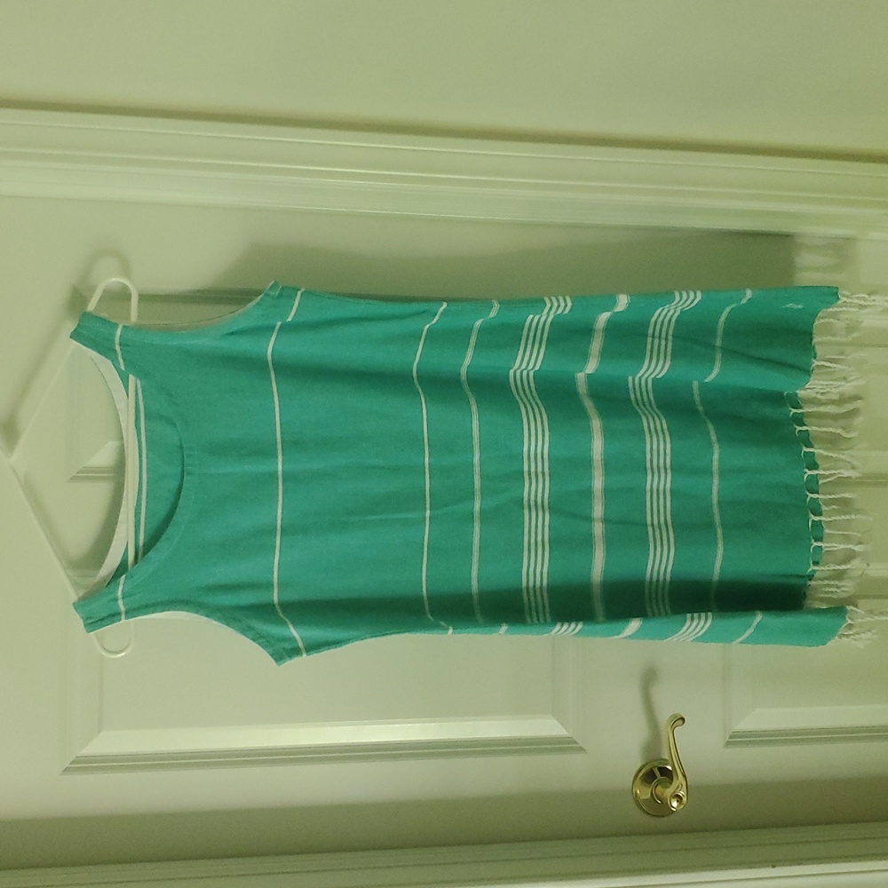 Beachables Teal White Striped  Sleeveless Dress with Fringe Size S